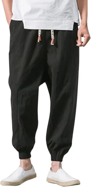 Men's Summer Pants Solid Color Elastic Waist Drawstring Pocket Slim Leg Casual Athletic Sport Clothes Fresh Trousers