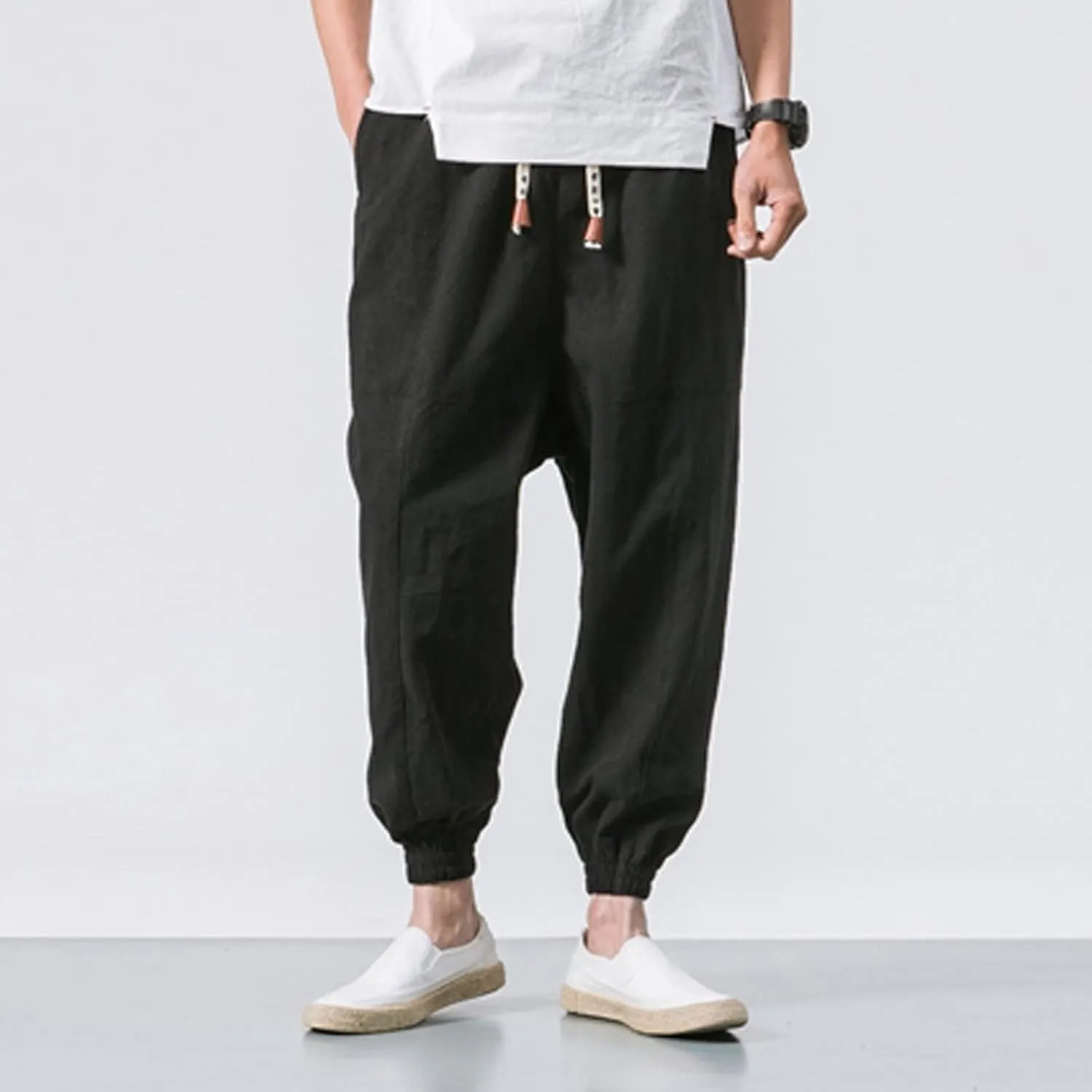 Men's Summer Pants Solid Color Elastic Waist Drawstring Pocket Slim Leg Casual Athletic Sport Clothes Fresh Trousers
