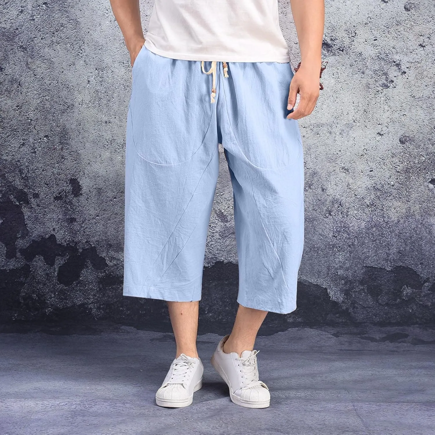 Men's Summer Pants Solid Color Elastic Waist Drawstring Pocket Wide Leg Fashion Leisure Style Summer Cute Trousers
