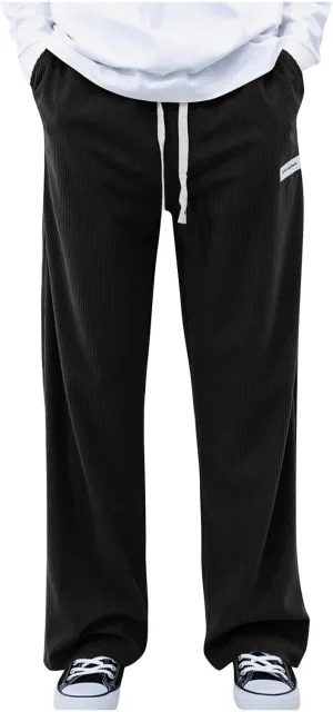 Men's Summer Pants Solid Color Elastic Waist Drawstring Pocket Wide Leg Fashion Loose Sport Clothes Cute Trousers