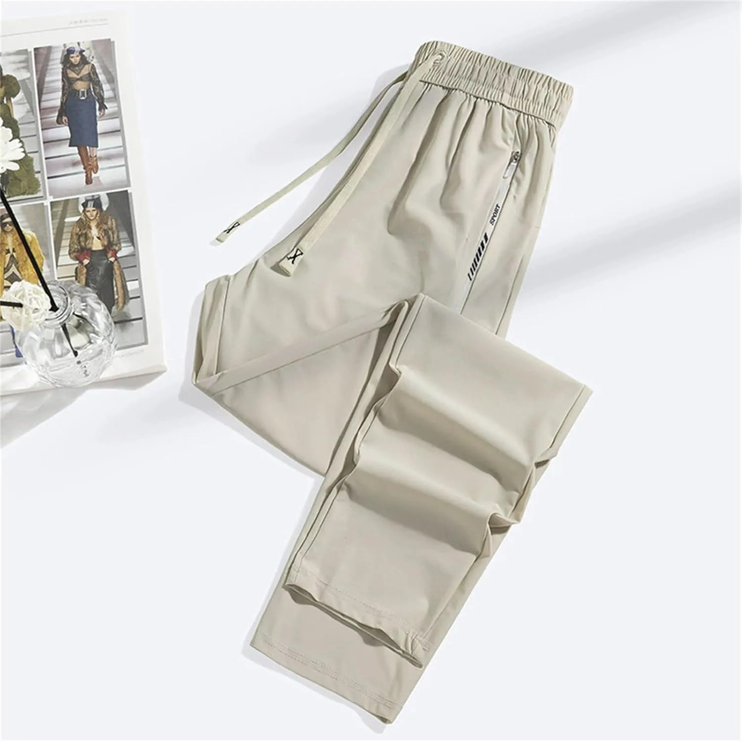 Men's Summer Pants Sweatpants Elastic Waist Drawstring Zipper Slim Leg Breathable Loose Sport Clothes Fresh Trousers
