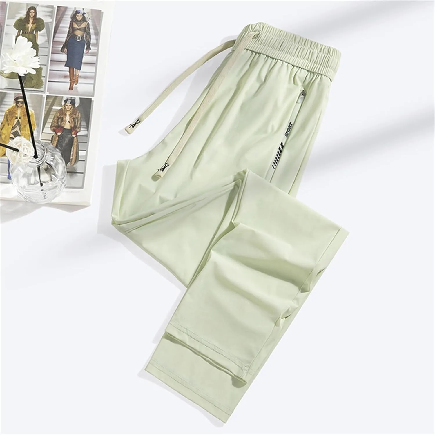 Men's Summer Pants Sweatpants Elastic Waist Drawstring Zipper Slim Leg Breathable Loose Sport Clothes Fresh Trousers