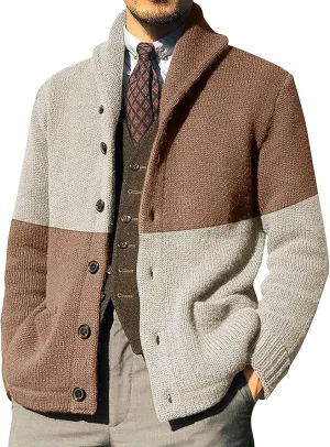 Mens Sweater Jacket Mens Patchwork Wool Blended Shawl Collar Cardigan Sweater Button Down with Pockets