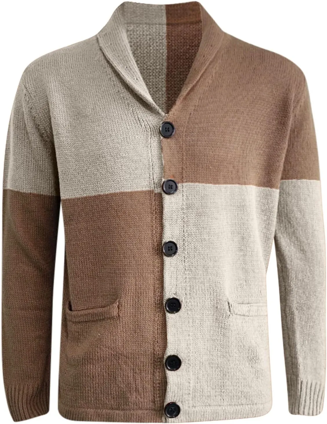 Mens Sweater Jacket Mens Patchwork Wool Blended Shawl Collar Cardigan Sweater Button Down with Pockets