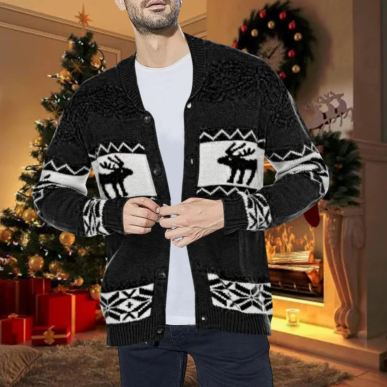 Mens Sweater Jacket Men's Reindeer Print Shawl Neck Button Down Cardigan Long Sleeve Christmax Sweater