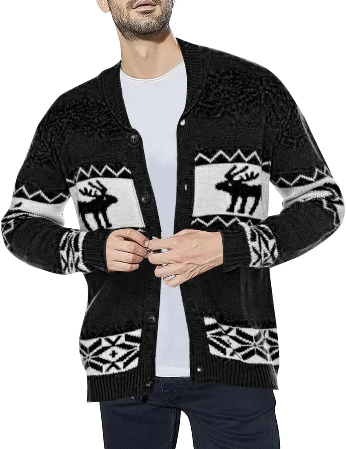 Mens Sweater Jacket Men's Reindeer Print Shawl Neck Button Down Cardigan Long Sleeve Christmax Sweater