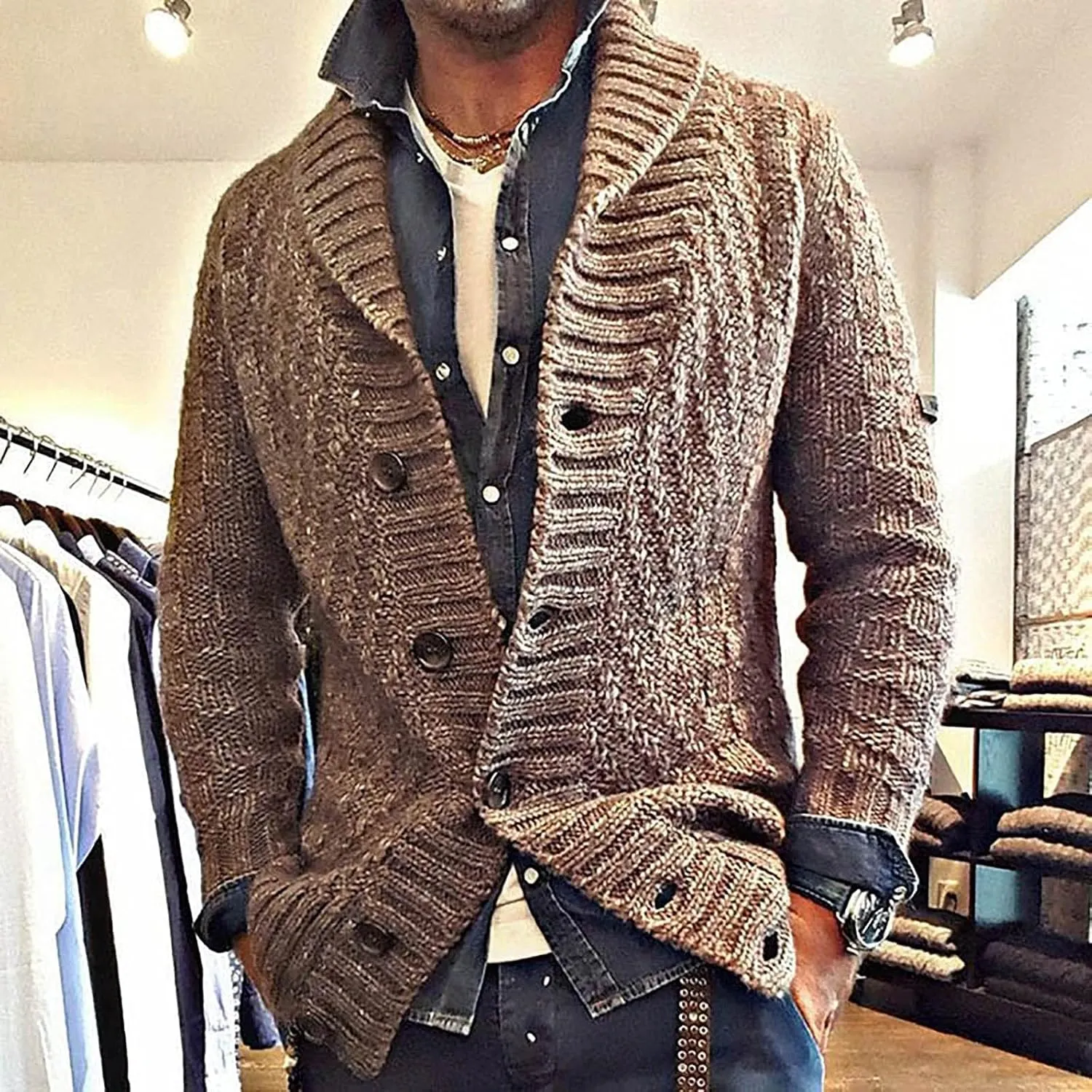Mens Sweater Jacket Mens Winter Shawl Collar Open Front Button Down Cardigan Long Sleeve Sweaters Coat