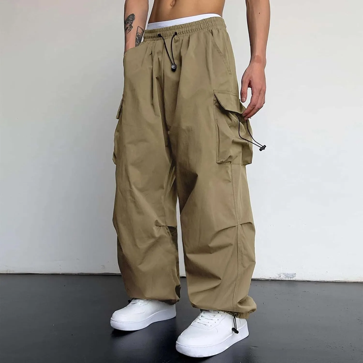 Mens Sweatpants with Pockets Wide Leg Baggy Elastic Waist Parachute Pants Lightweight Drawstring Comfy Casual Cargo Joggers