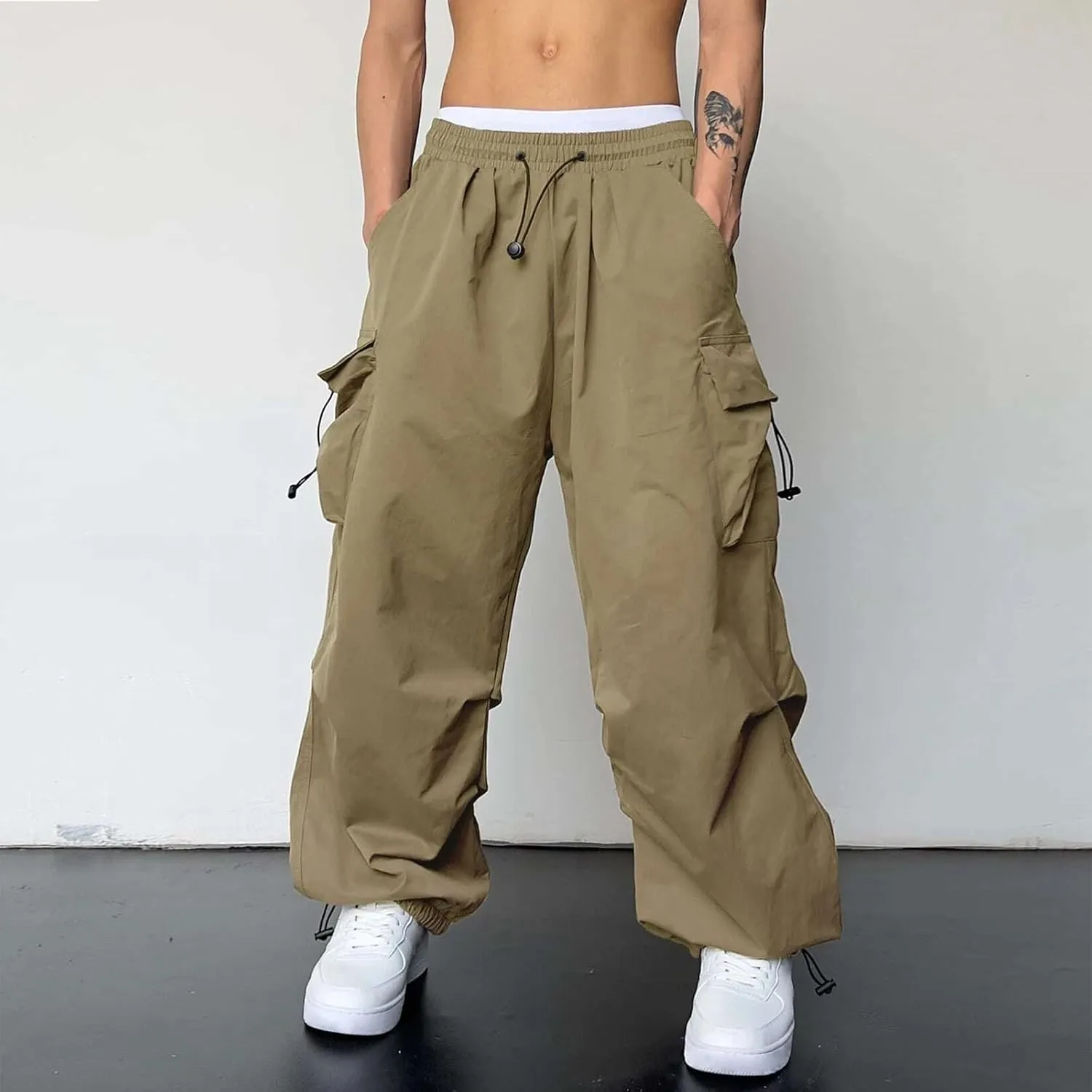 Mens Sweatpants with Pockets Wide Leg Baggy Elastic Waist Parachute Pants Lightweight Drawstring Comfy Casual Cargo Joggers