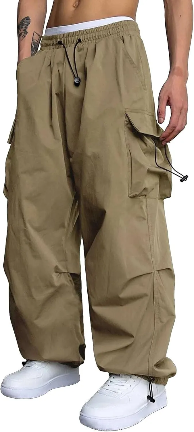 Mens Sweatpants with Pockets Wide Leg Baggy Elastic Waist Parachute Pants Lightweight Drawstring Comfy Casual Cargo Joggers