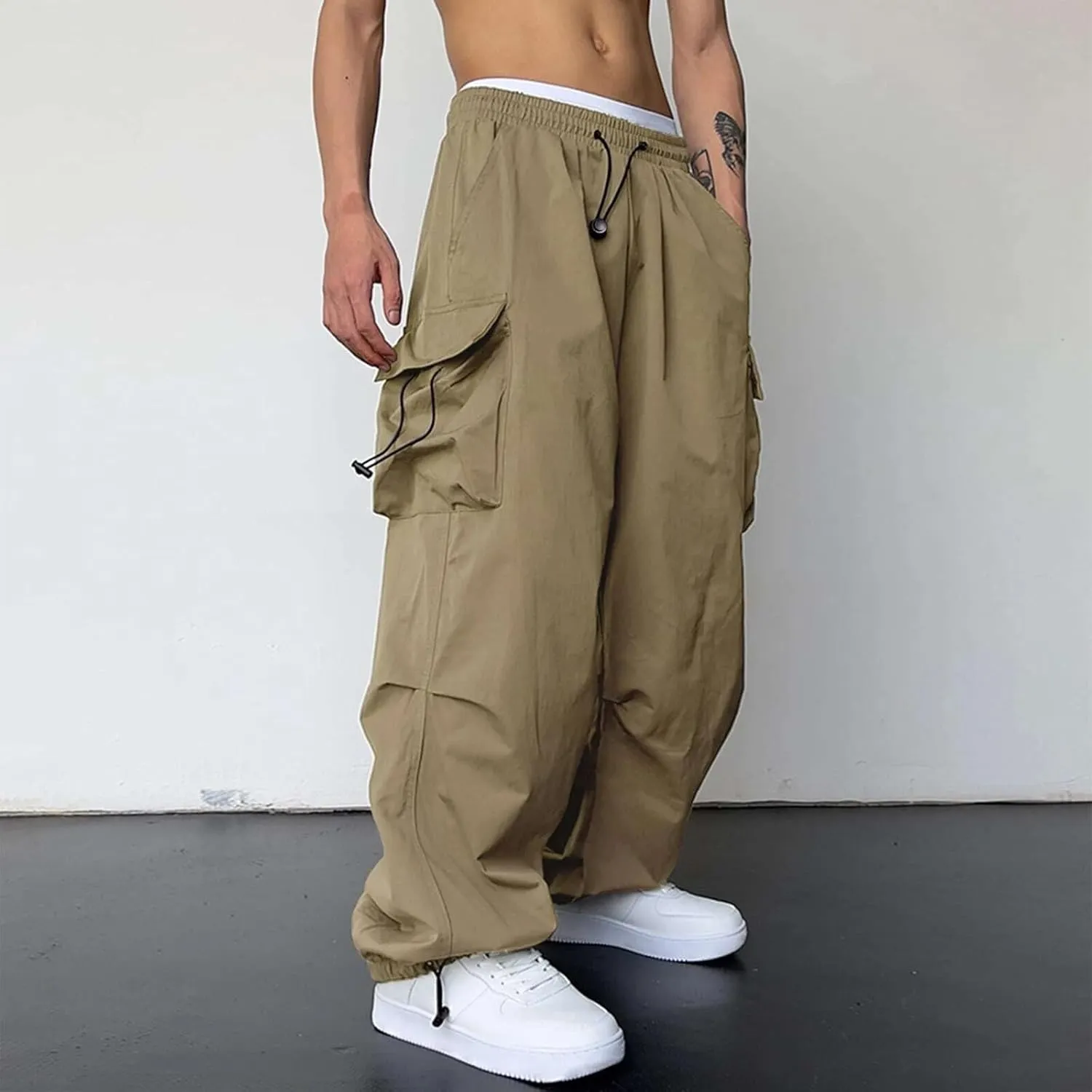 Mens Sweatpants with Pockets Wide Leg Baggy Elastic Waist Parachute Pants Lightweight Drawstring Comfy Casual Cargo Joggers