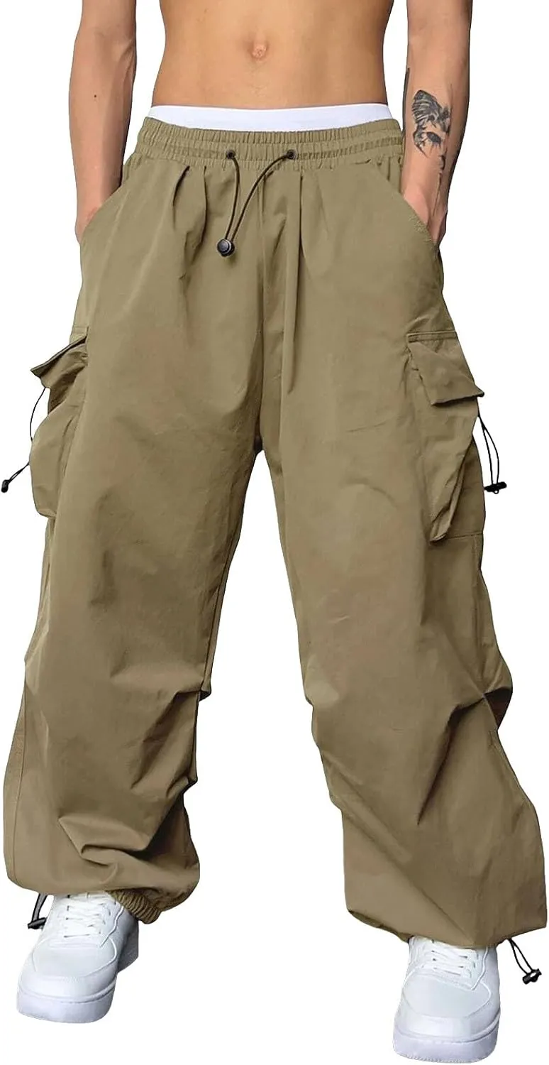 Mens Sweatpants with Pockets Wide Leg Baggy Elastic Waist Parachute Pants Lightweight Drawstring Comfy Casual Cargo Joggers
