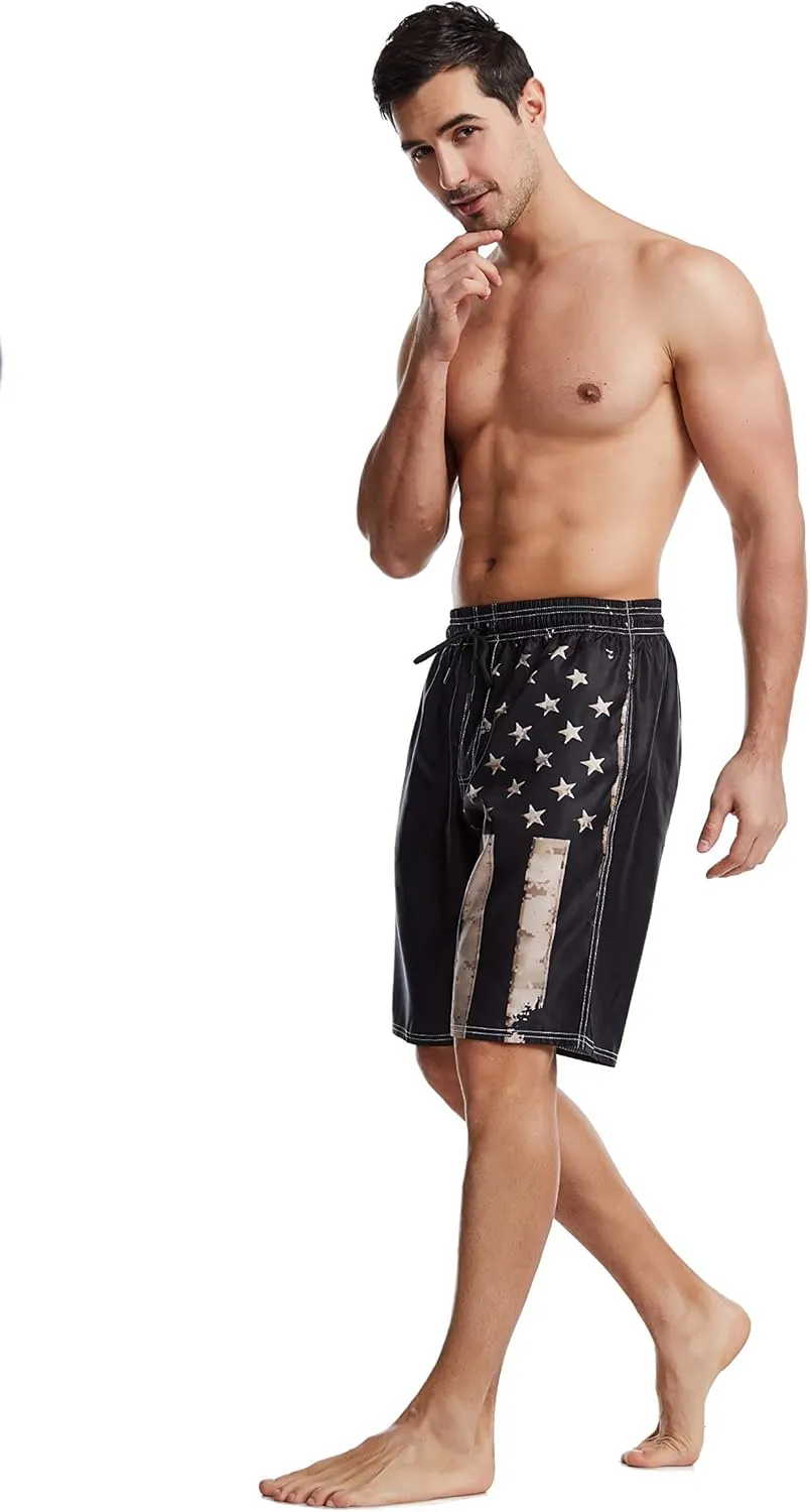 Mens Swim Trunks American Flag Bathing Suit Swimming Shorts Quick Dry Board Shorts Swimsuits with Pockets Mesh Lining