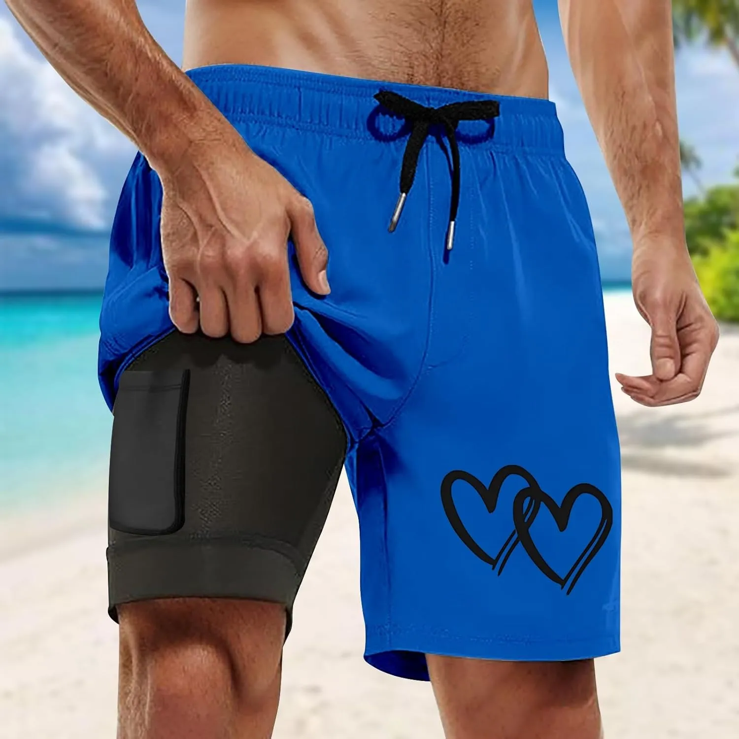 Mens Swim Trunks with Compression Liner 7 Inch Inseam Quick Dry Swim Shorts Mens Swimsuit Board Shorts with Pockets