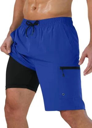 Mens Swim Trunks with Compression Liner Zipper Cargo Pockets Bathing Suit 9 Inch Quick-Dry Swimming Shorts