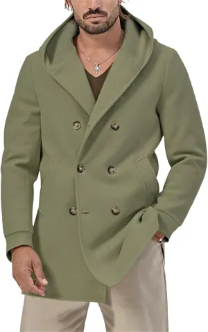Mens Trench Coat with Hood Notched Lapel Double Breasted Peacoat Midi Long Jacket Windbreaker Overcoat Pea Coat Hoodie