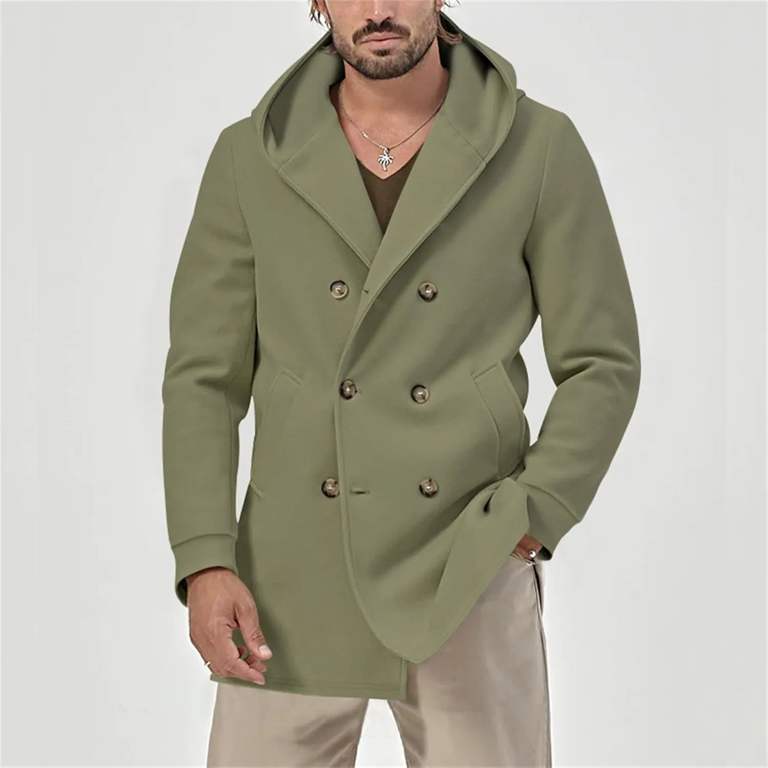Mens Trench Coat with Hood Notched Lapel Double Breasted Peacoat Midi Long Jacket Windbreaker Overcoat Pea Coat Hoodie