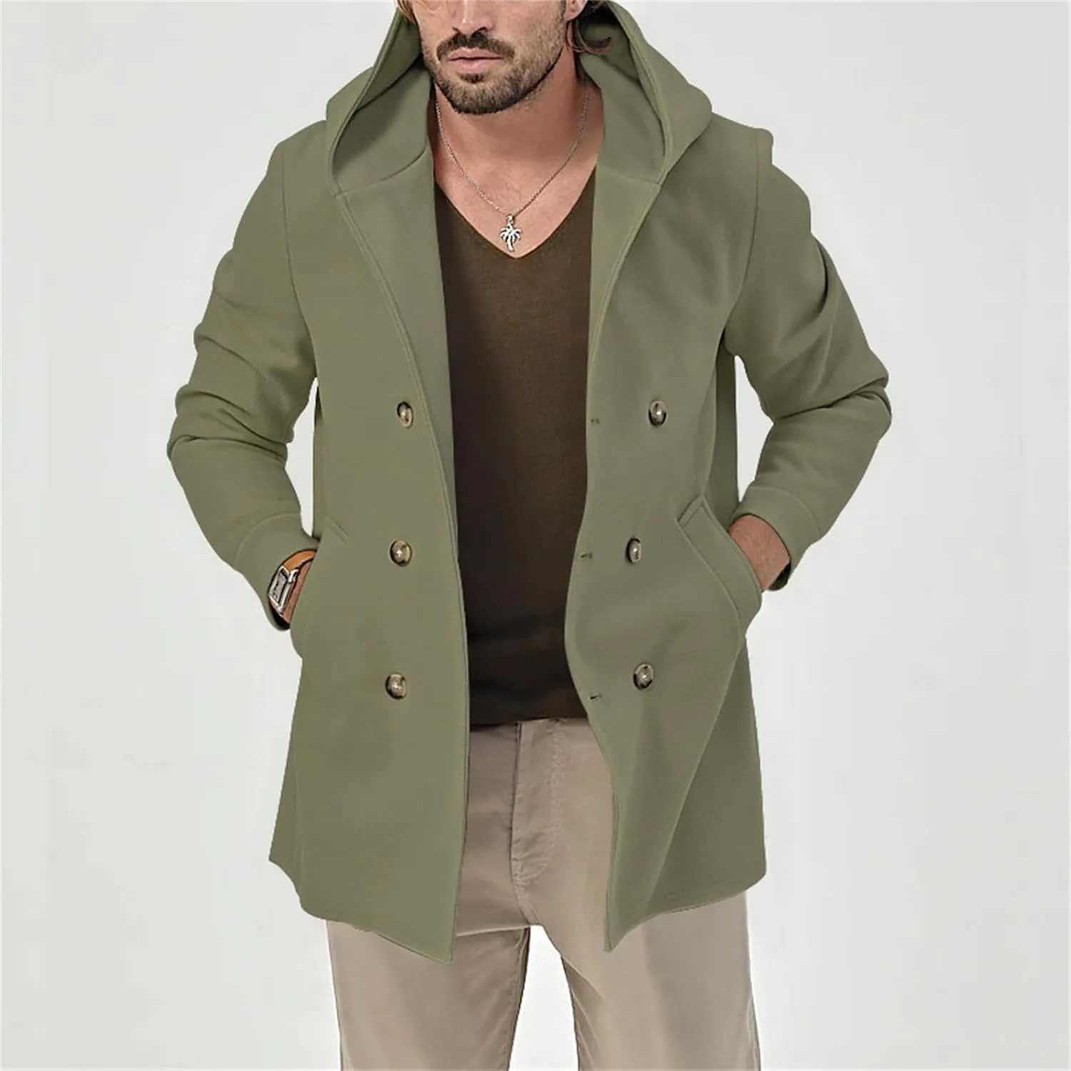 Mens Trench Coat with Hood Notched Lapel Double Breasted Peacoat Midi Long Jacket Windbreaker Overcoat Pea Coat Hoodie