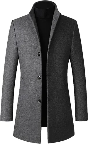 Men's Trench Coat Wool Blend Slim Fit Top Coat Single Breasted Business Overcoat Peacoat Men's