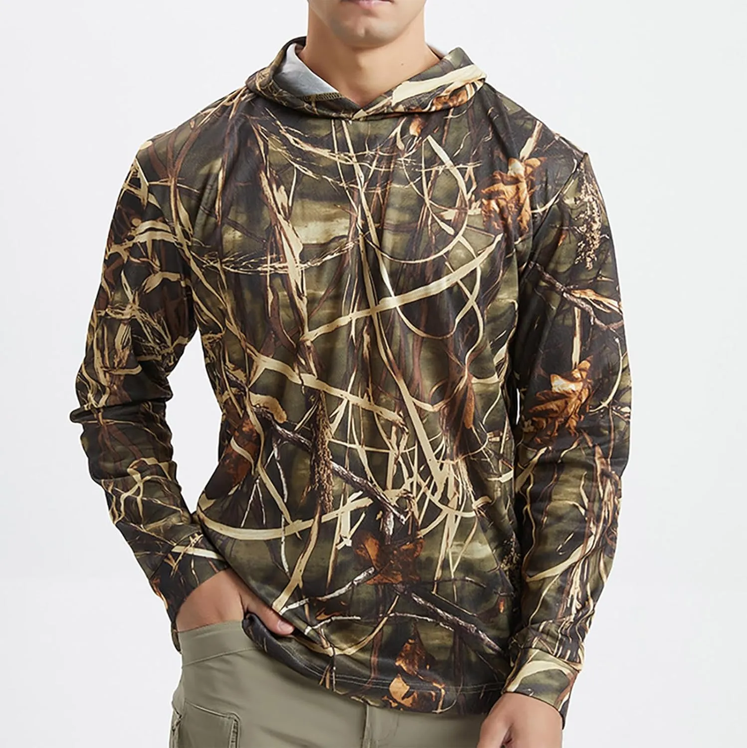 Men's UV Sun Protection Hooded Camo Shirts Long Sleeve Quick-Dry Outdoor T-Shirt UPF 50  Rash Guards Cooling Hoodies