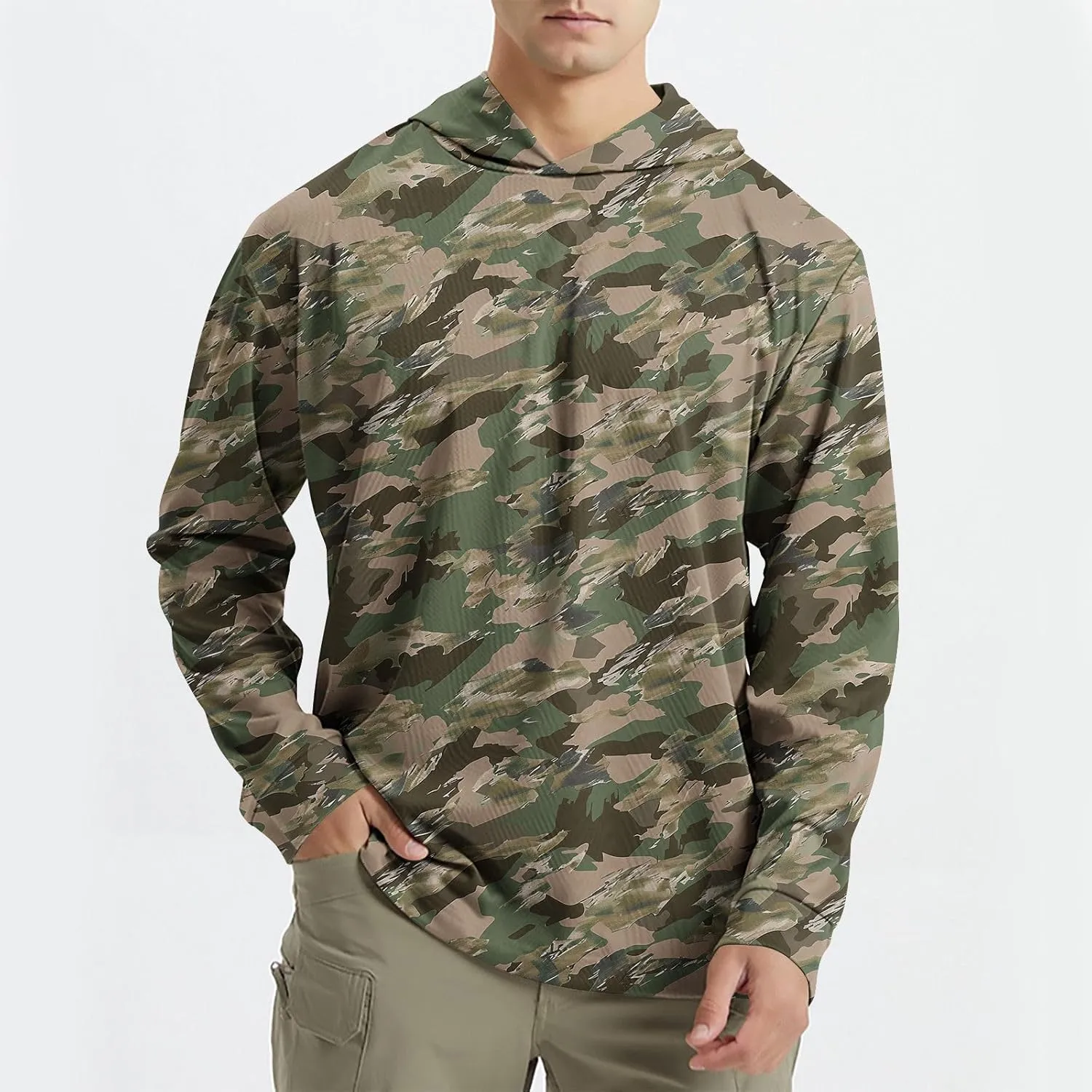 Men's UV Sun Protection Hooded Camo Shirts Long Sleeve Quick-Dry Outdoor T-Shirt UPF 50  Rash Guards Cooling Hoodies