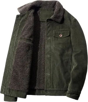 Men's Vintage Corduroy Jacket Sherpa-Lined Denim Coat Fur Lapel Button-Up Winter Design