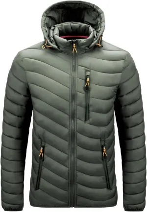 Mens Winter Coats Lightweight Puffer Jacket Hooded Quilted Puffer Coat Full Zip Up Padded Outwear with Removable Hood