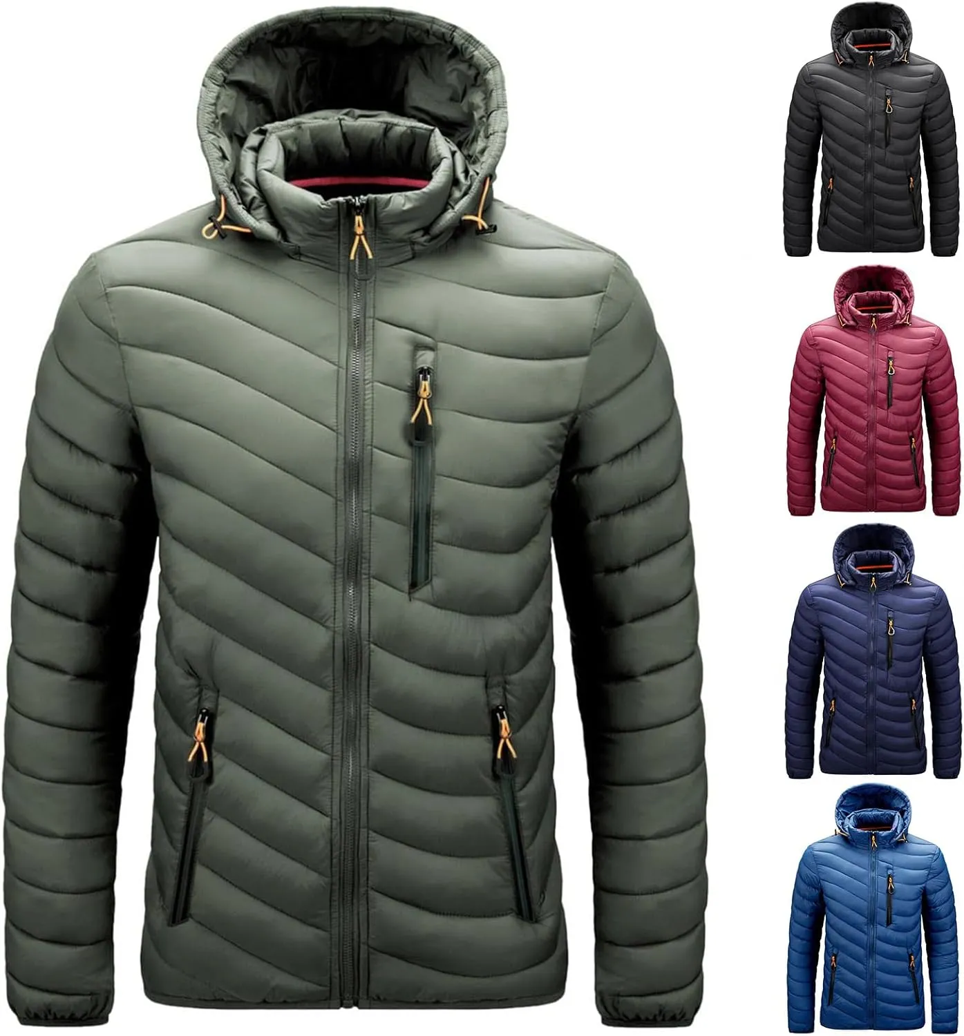 Mens Winter Coats Lightweight Puffer Jacket Hooded Quilted Puffer Coat Full Zip Up Padded Outwear with Removable Hood
