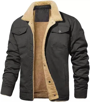 Mens Winter Jacket Thick Thermal Sherpa Coats Warm Fleece Lined Coat Trucker Lapel Military Work Cargo Jackets for Men