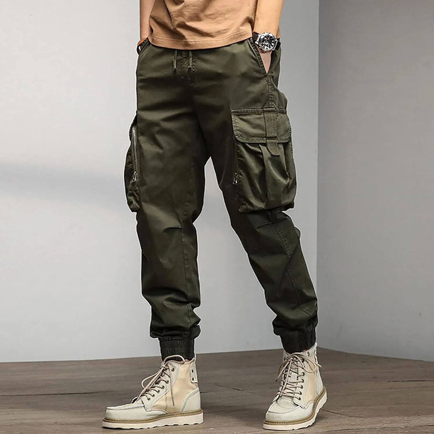 Mens Workout Cargo Sweatpants Joggers with Pockets Men's Solid Fleece Heavyweight Cargo Pants Men's Slim Jogger Pants