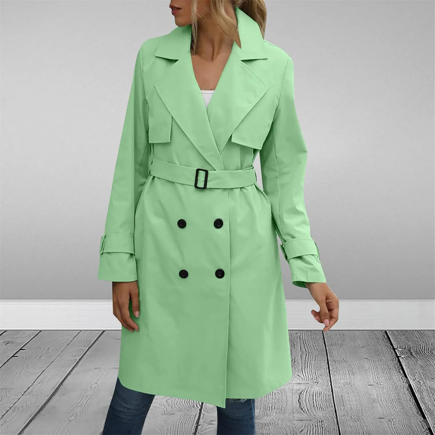 Mid Long Trench Coat for Women Double Breasted Classic Lapel Windproof Overcoat Fashion Outerwear with Belt