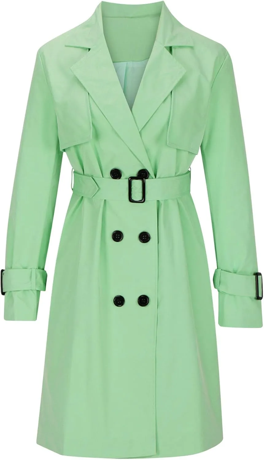 Mid Long Trench Coat for Women Double Breasted Classic Lapel Windproof Overcoat Fashion Outerwear with Belt