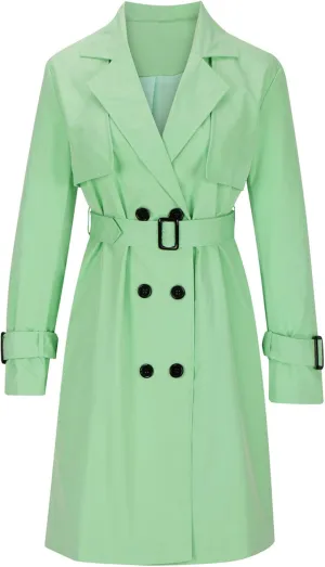 Mid Long Trench Coat for Women Double Breasted Classic Lapel Windproof Overcoat Fashion Outerwear with Belt