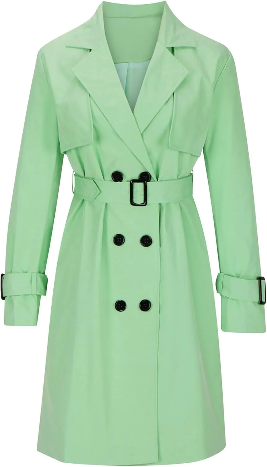 Mid Long Trench Coat for Women Double Breasted Classic Lapel Windproof Overcoat Fashion Outerwear with Belt