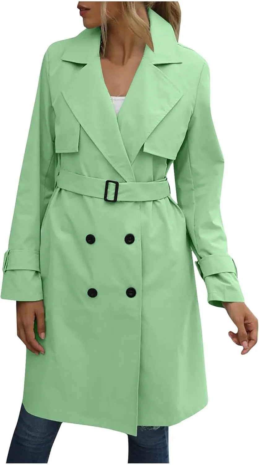 Mid Long Trench Coat for Women Double Breasted Classic Lapel Windproof Overcoat Fashion Outerwear with Belt