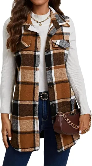 Mmoneyake Plaid Vest for Women Fall Button Down Shirt Jacket Sleeveless Shacket Lightweight Lapel Neck Coat Casual Outwear