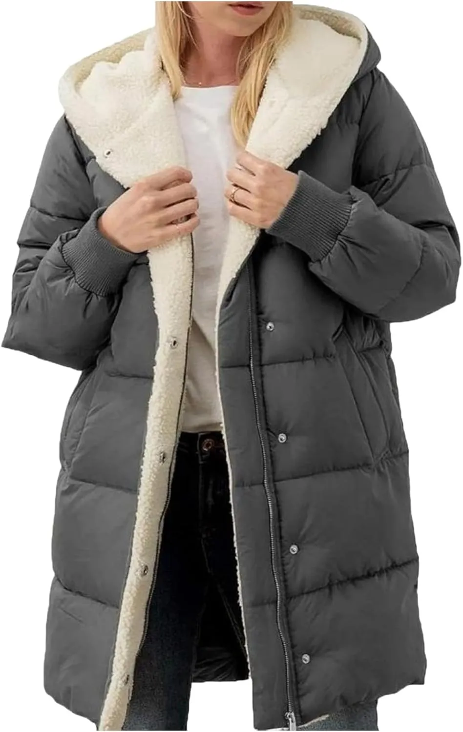 Mmoneyake Womens Winter Warm Coats Sherpa Fleece Lined Long Hooded Puffer Jacket Thickened Down Jacket Snow Parka Outwear