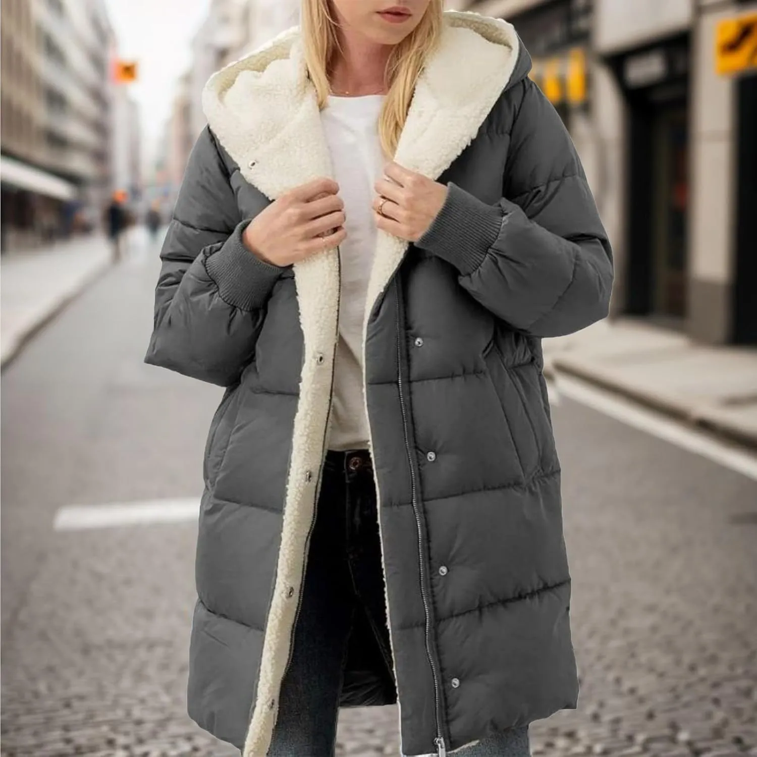 Mmoneyake Womens Winter Warm Coats Sherpa Fleece Lined Long Hooded Puffer Jacket Thickened Down Jacket Snow Parka Outwear