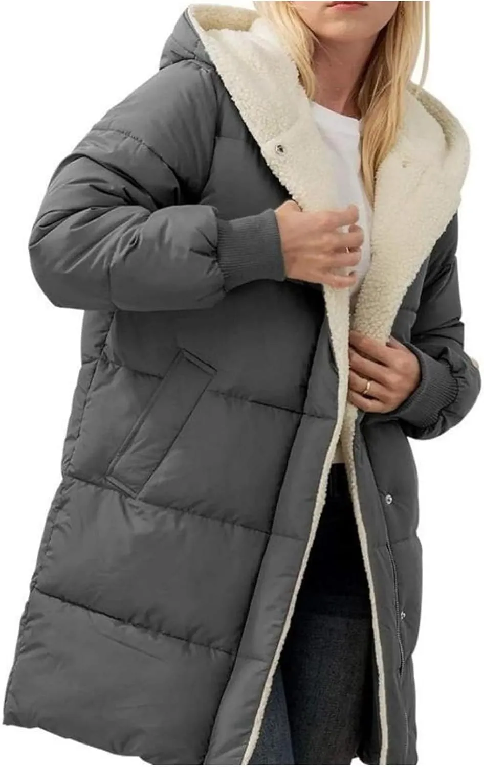 Mmoneyake Womens Winter Warm Coats Sherpa Fleece Lined Long Hooded Puffer Jacket Thickened Down Jacket Snow Parka Outwear