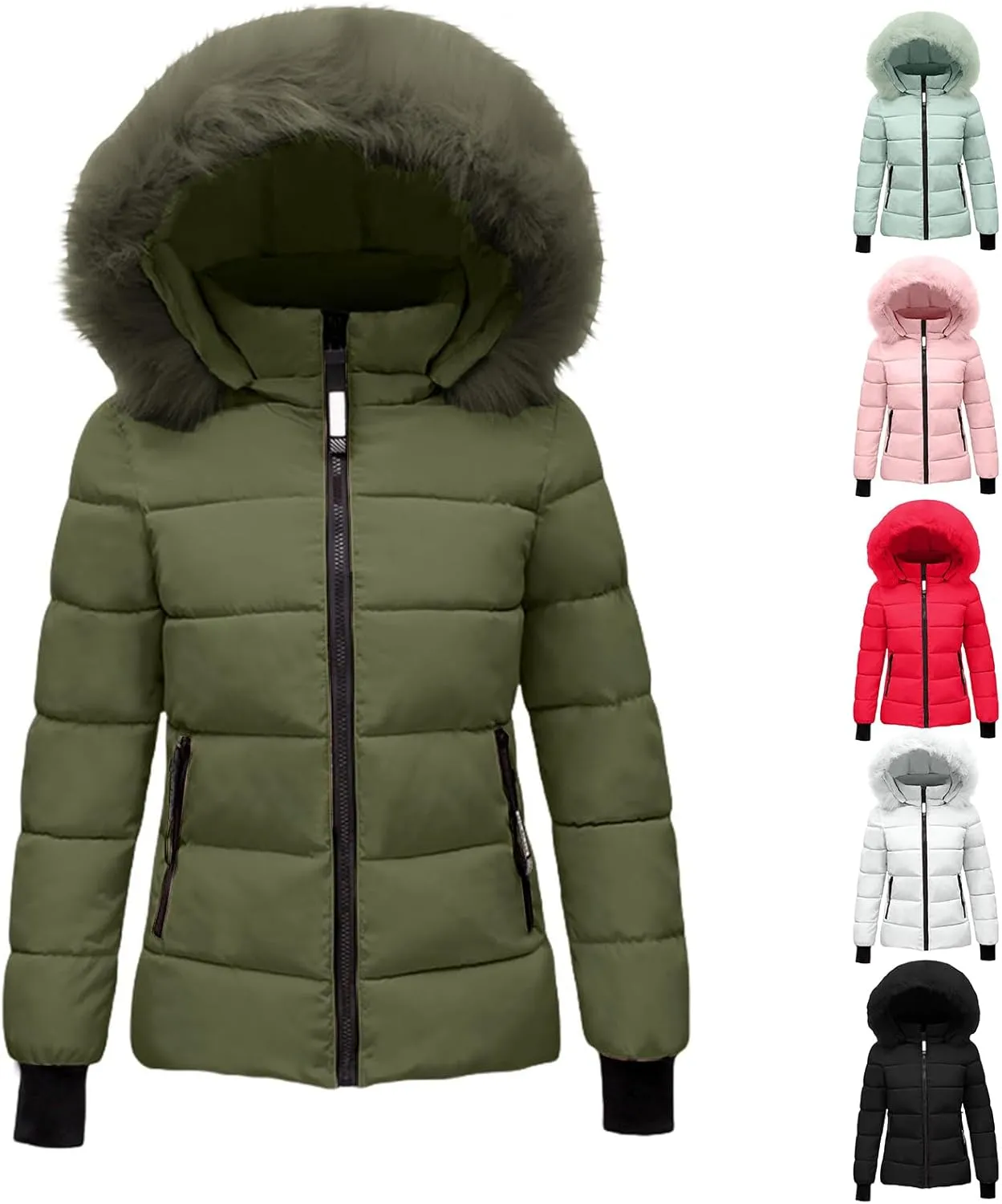 Mmoneyake Women's Winter Windproof Warm Down Coats Thicken Hooded Fashions Puffer Jacket Short Coat Parka with Faux Fur Hood