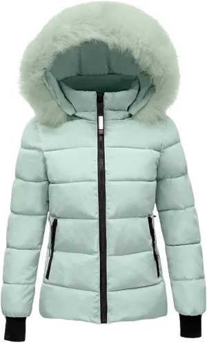 Mmoneyake Women's Winter Windproof Warm Down Coats Thicken Hooded Fashions Puffer Jacket Short Coat Parka with Faux Fur Hood