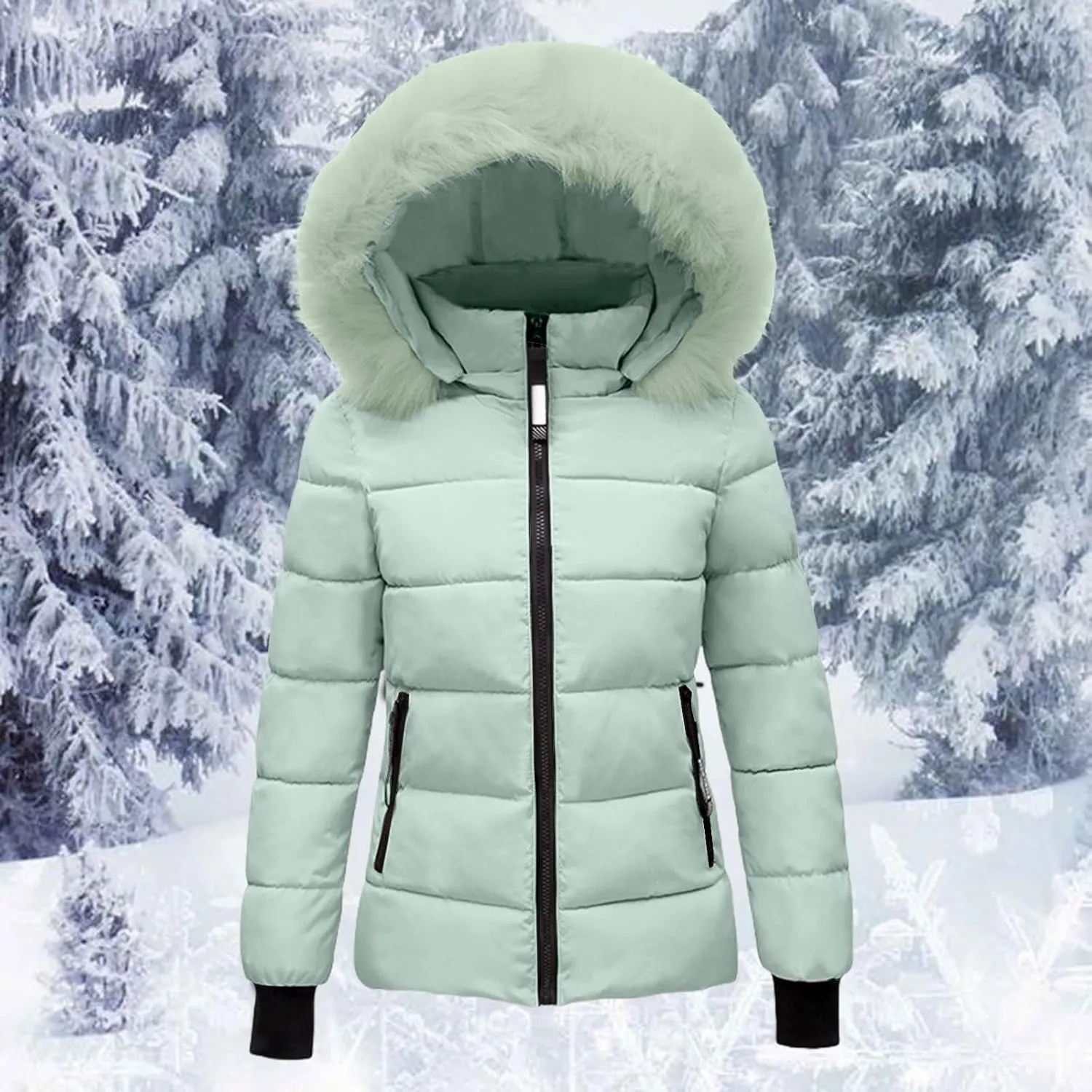 Mmoneyake Women's Winter Windproof Warm Down Coats Thicken Hooded Fashions Puffer Jacket Short Coat Parka with Faux Fur Hood