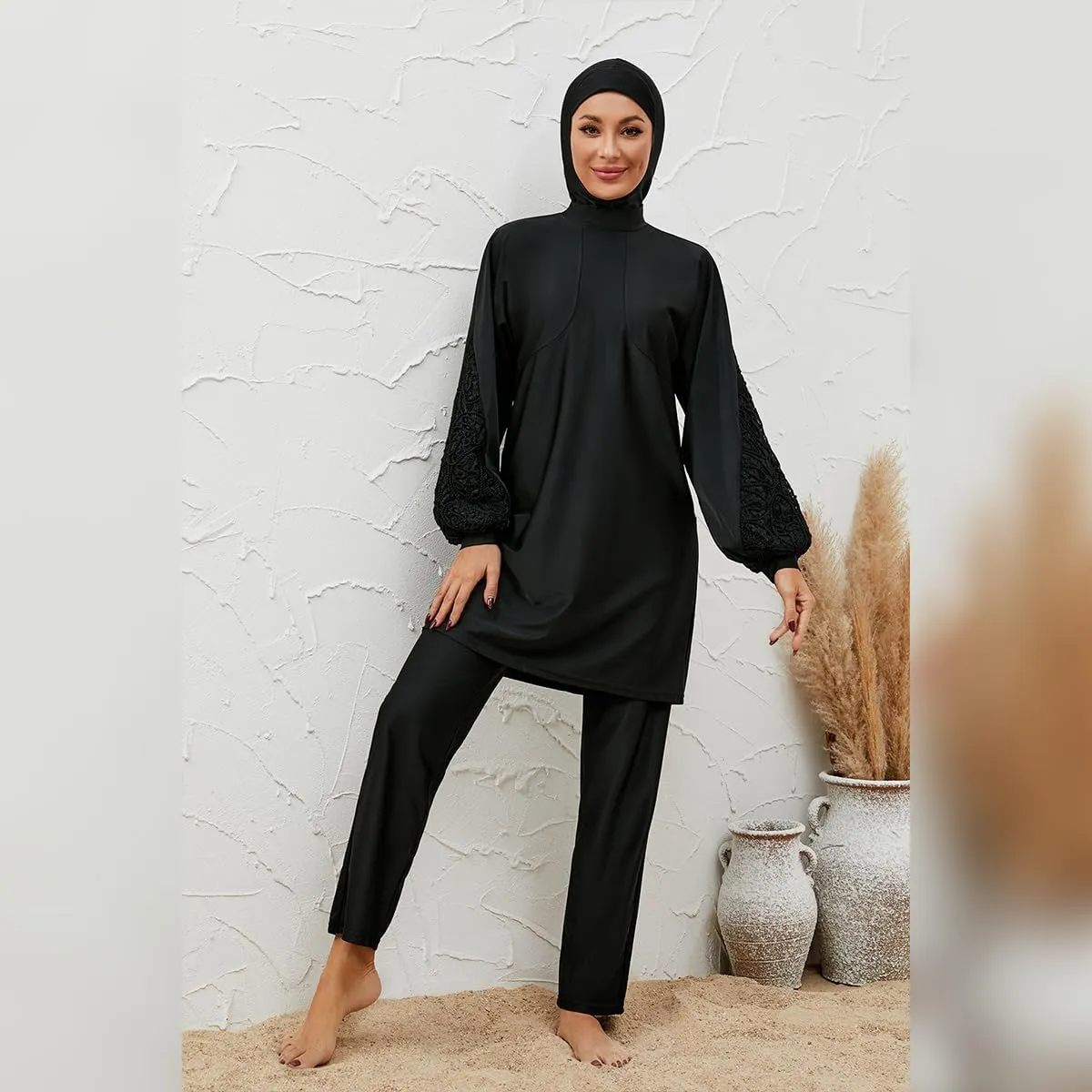 Muslim Swimsuits for Women Swimwear Long Sleeve Burkini Full Cover Swimsuit Hijab Rash Guard, 3pcs Set