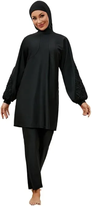 Muslim Swimsuits for Women Swimwear Long Sleeve Burkini Full Cover Swimsuit Hijab Rash Guard, 3pcs Set