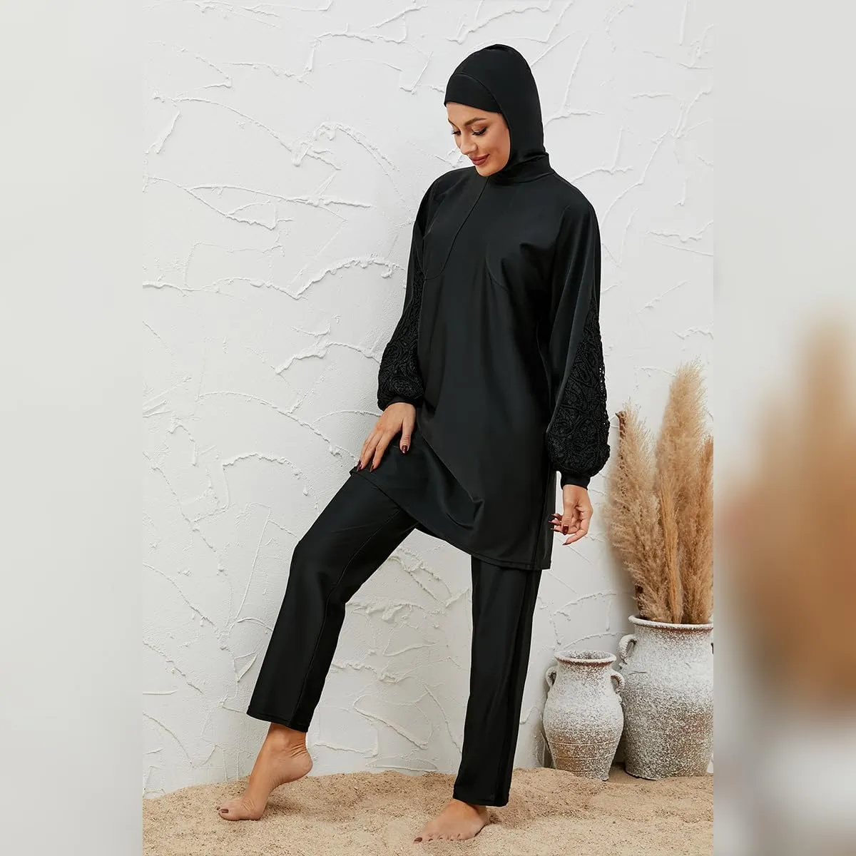 Muslim Swimsuits for Women Swimwear Long Sleeve Burkini Full Cover Swimsuit Hijab Rash Guard, 3pcs Set