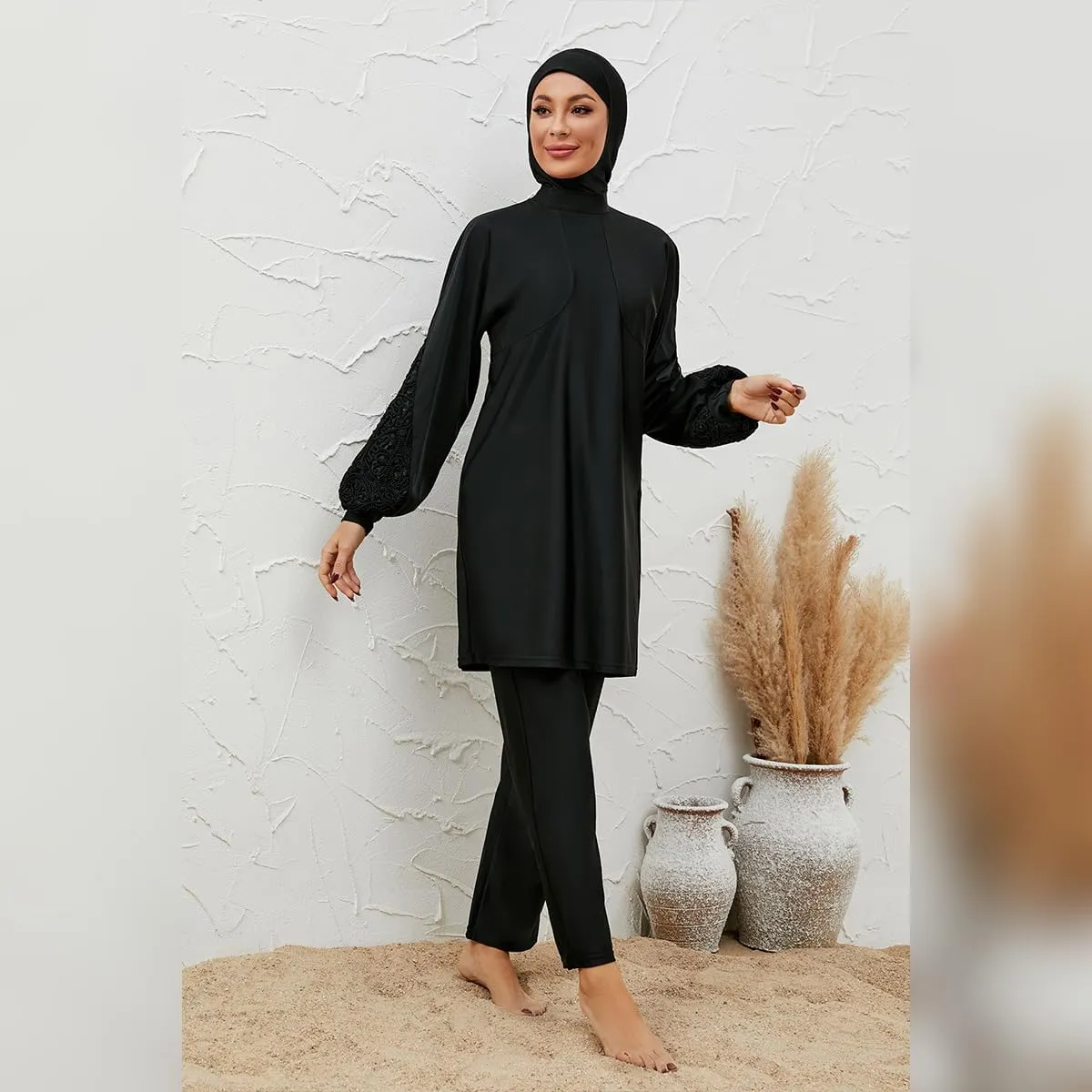 Muslim Swimsuits for Women Swimwear Long Sleeve Burkini Full Cover Swimsuit Hijab Rash Guard, 3pcs Set