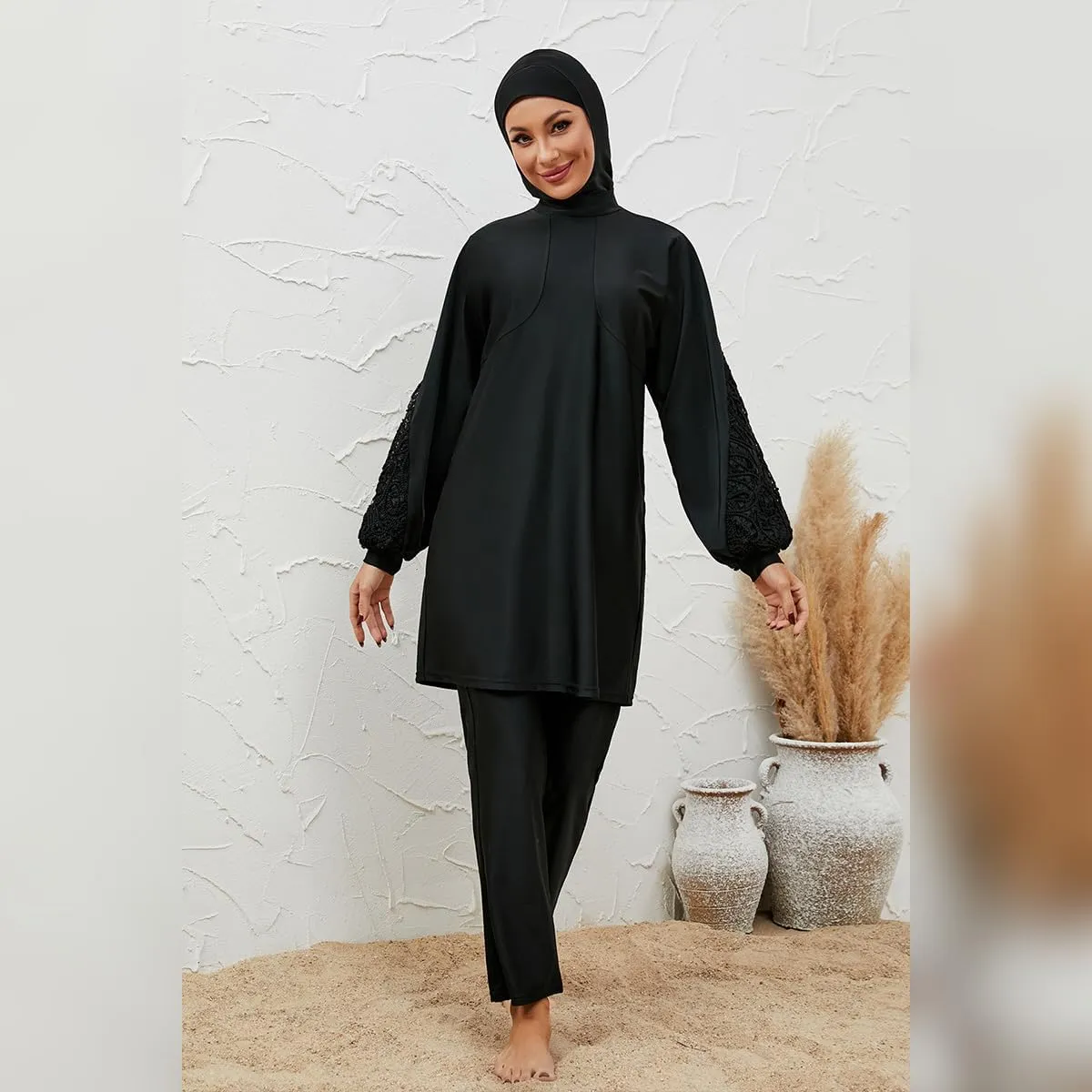 Muslim Swimsuits for Women Swimwear Long Sleeve Burkini Full Cover Swimsuit Hijab Rash Guard, 3pcs Set