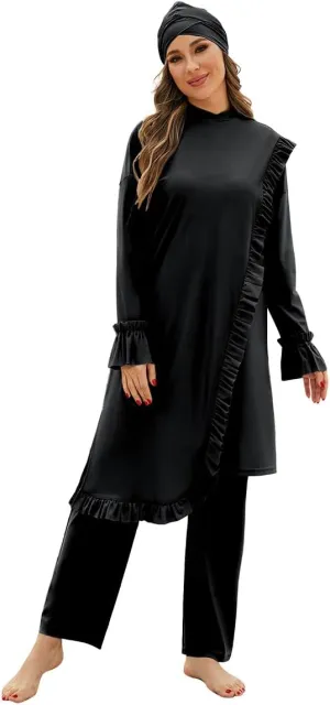 Muslim Swimsuits for Women Swimwear Long Sleeve Burkini Full Cover Swimsuit Hijab Rash Guard, 3pcs Set