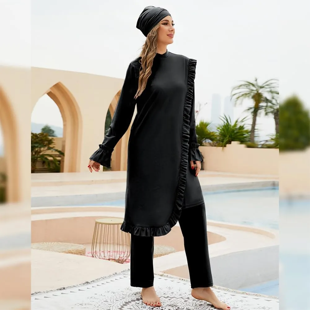 Muslim Swimsuits for Women Swimwear Long Sleeve Burkini Full Cover Swimsuit Hijab Rash Guard, 3pcs Set