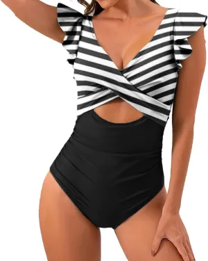 Muyise Women's One Piece Swimsuit Ruffle Cutout Bathing Suits Slimming Tummy Control V Neck Wrap High Waisted Swimwear